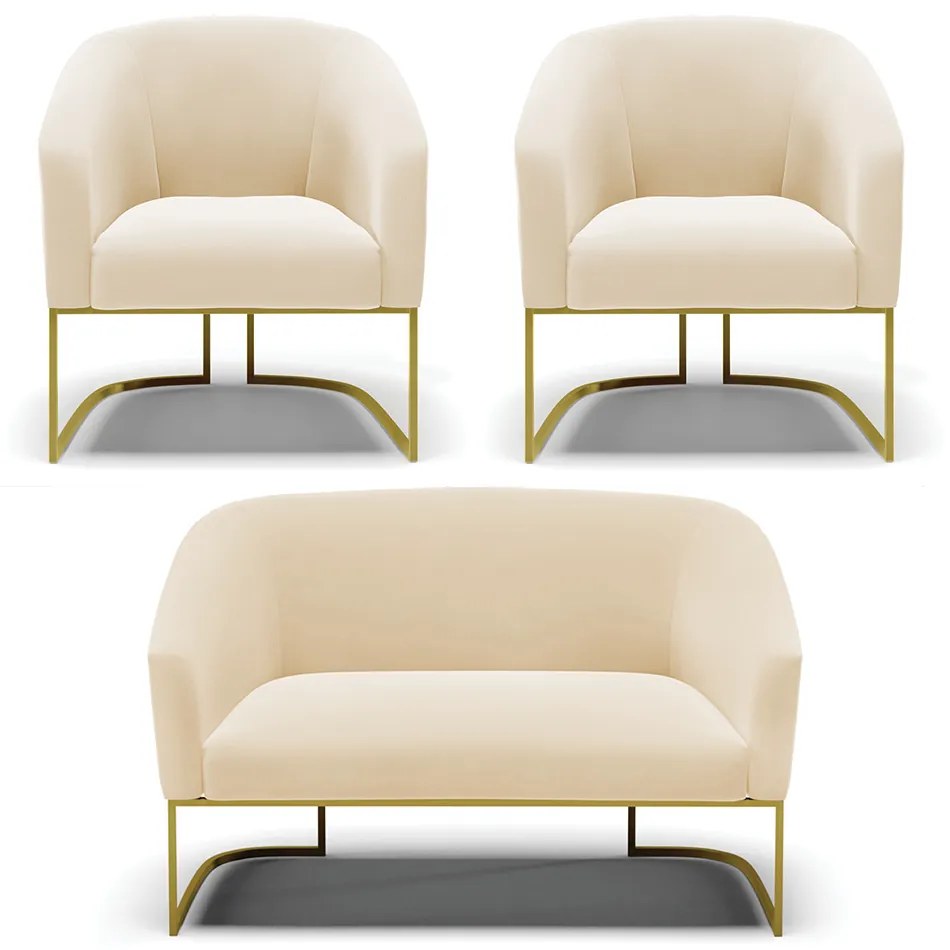 Namoradeira e 2 Poltronas Base Industrial Dourado Stella Suede D03 - D'Rossi - Bege