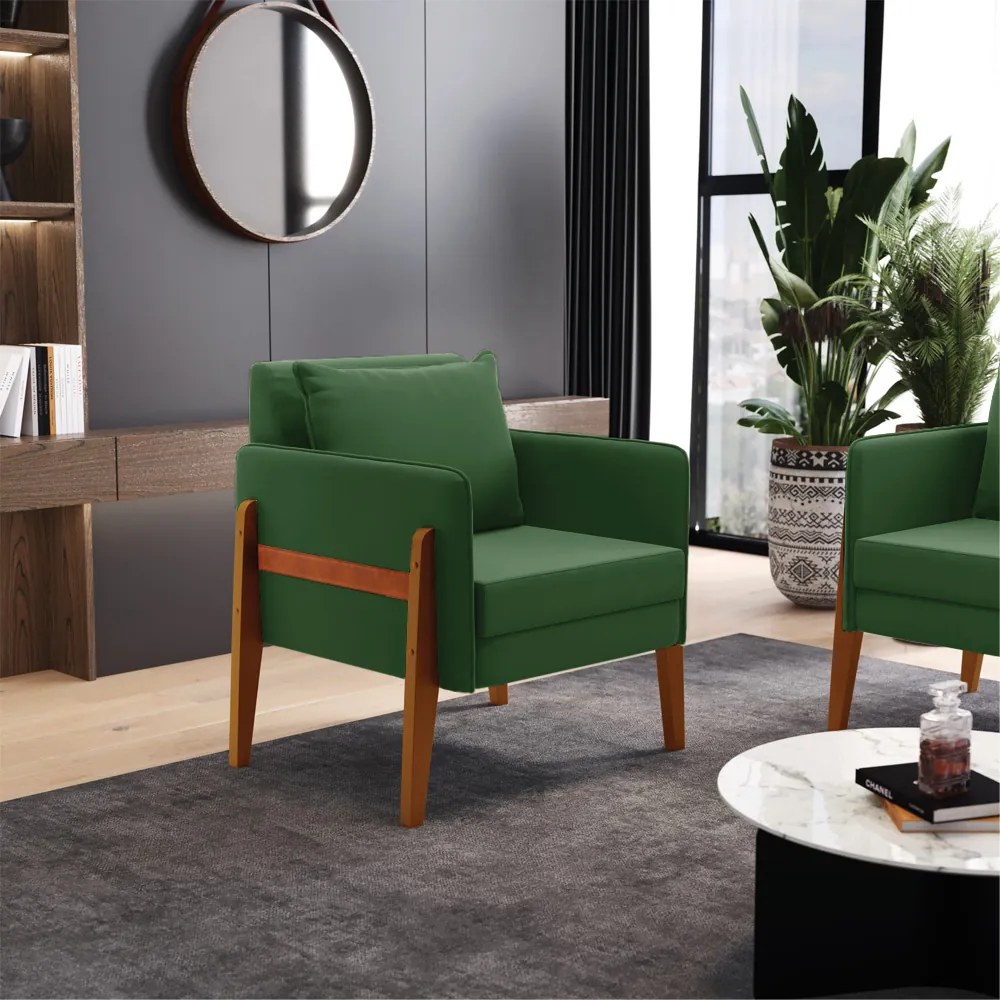 Poltrona Lana Suede Base de Madeira - D'Rossi - Verde