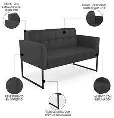 Sofá Namoradeira e 1 Poltrona Base Industrial Preto Ana Sintético Pret