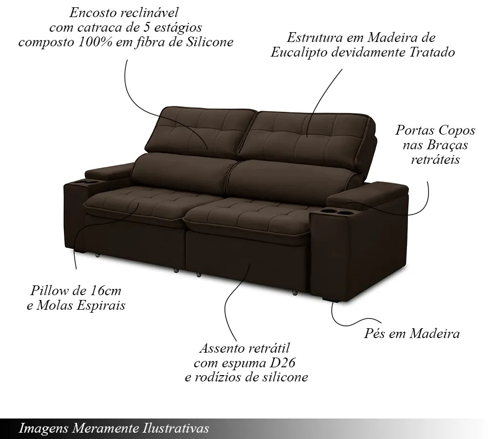 Sofá Retrátil e Reclinável 3 Lugares 230cm Zoho Porta Copos no Braço Veludo Marrom G22 - Gran Belo
