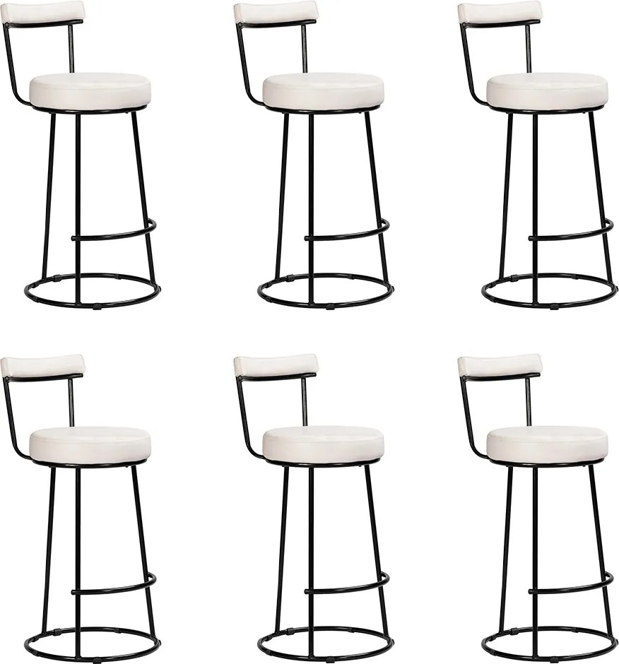Banqueta Alta Cozinha 70cm Encosto Industrial Aço Kit 6 Ziria Pu S02 - D'Rossi - Off White
