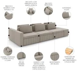 Sofá Ilha e Puff Sala Living 365cm Siesta Z32 Veludo Bege  - Mpozenato