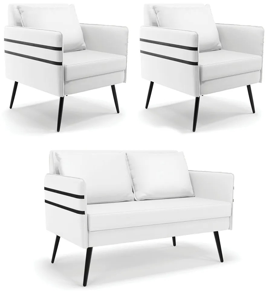 Kit 01 Namoradeira 02 Lugares e 02 Poltronas Mari Corino Branco Pés Palito de Ferro