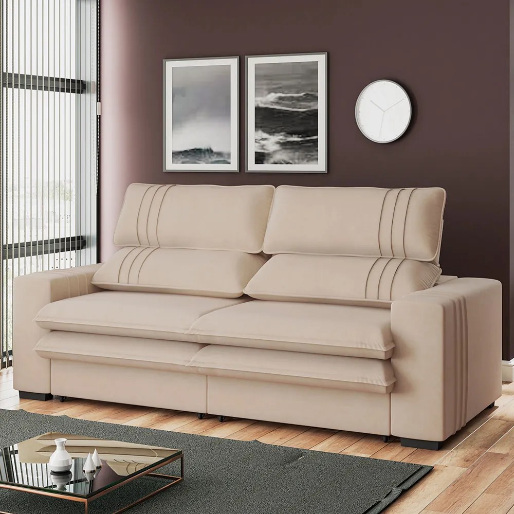 Sofá 2 Lugares Retrátil Noruega 180 cm Veludo  Pés Tabaco - D'Rossi - Off White