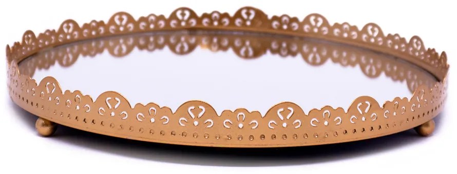 Bandeja Decorativa Redonda Em Metal Flor Rosê Com Espelho 2x22x22 Cm - D'Rossi