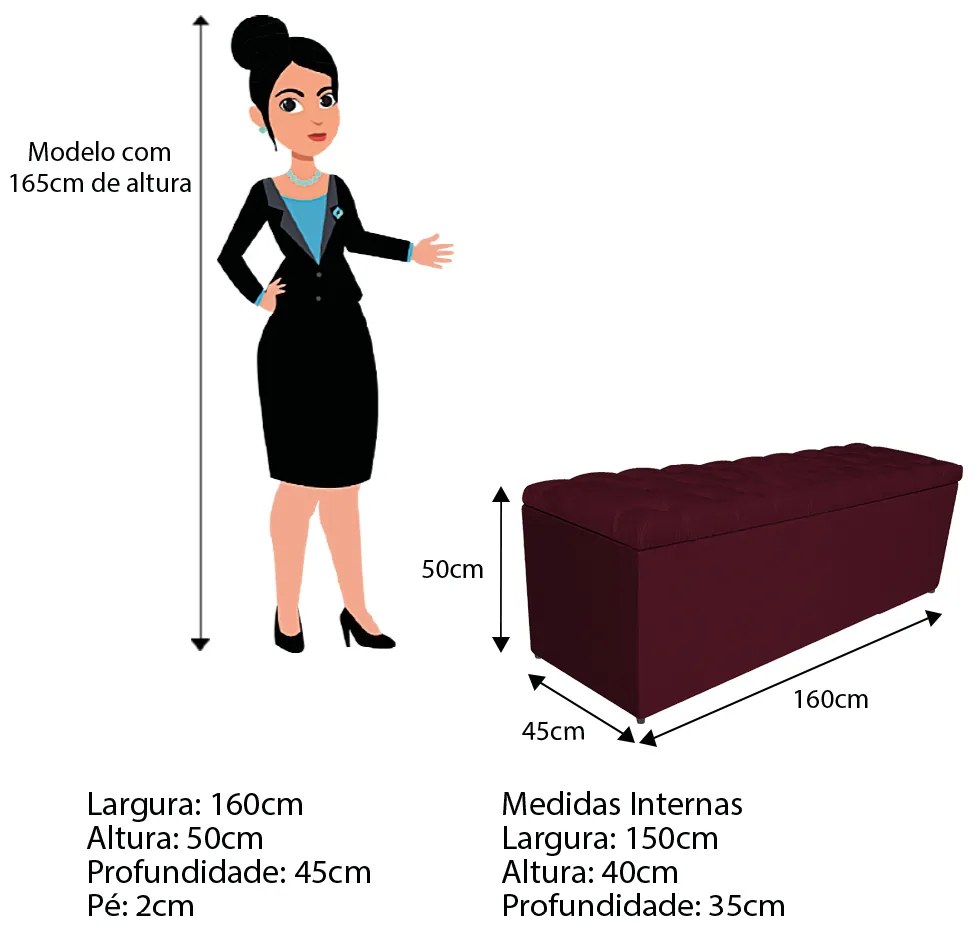 Calçadeira Estofada Liverpool 160 cm Queen Size Suede Bordô - ADJ Decor