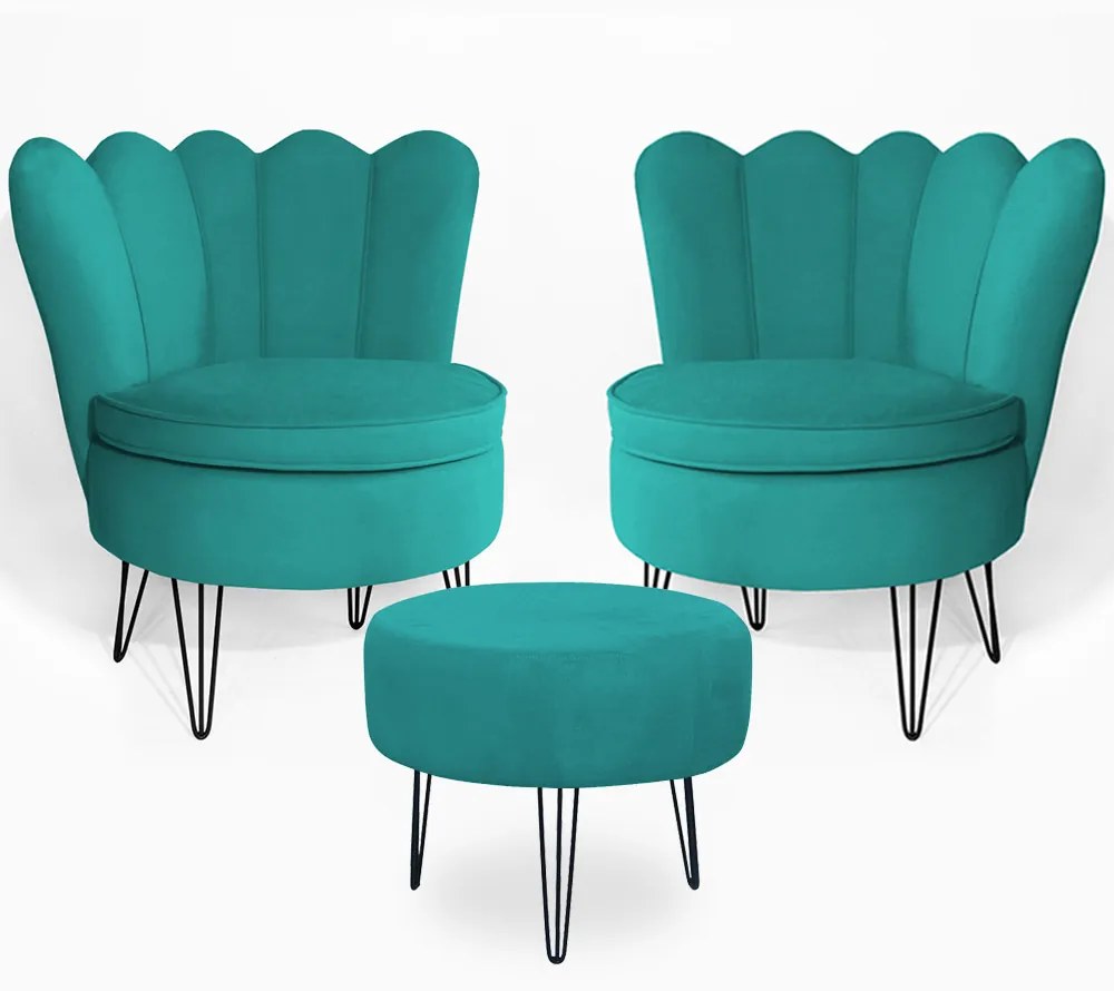 Conjunto 2 Poltrona Dália com Puff Chloe Pés Hairpin Legs Preto Veludo Azul Tiffany