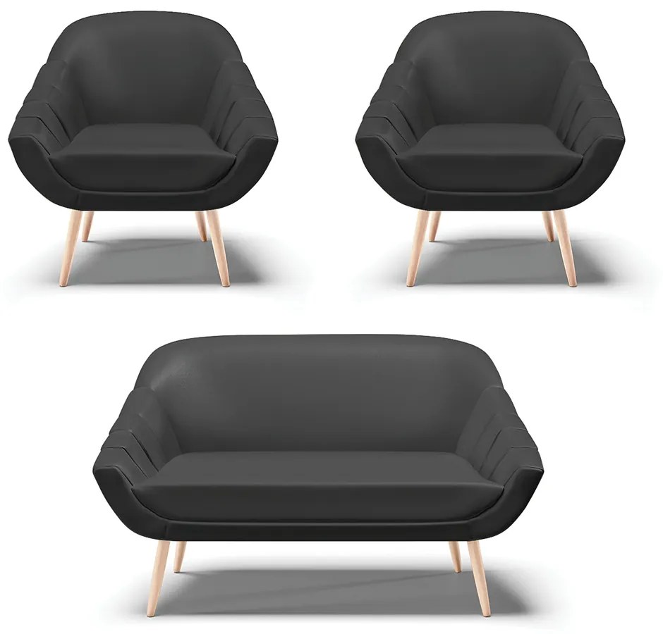 Kit 01 Namoradeira 02 Lugares e 02 Poltronas Giovana Corino Pés Palito Natural - Indo Decorar - Preto