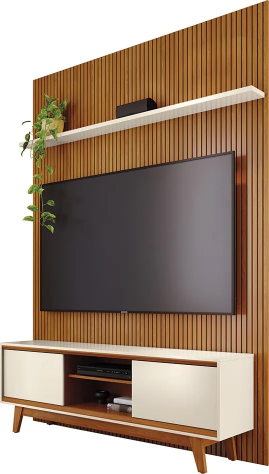 Painel TV 65 Pol 179cm Ripado Valen e Rack Bancada Mylan M20 - D'Rossi - Cinamomo(fosco)/Off White(brilho)
