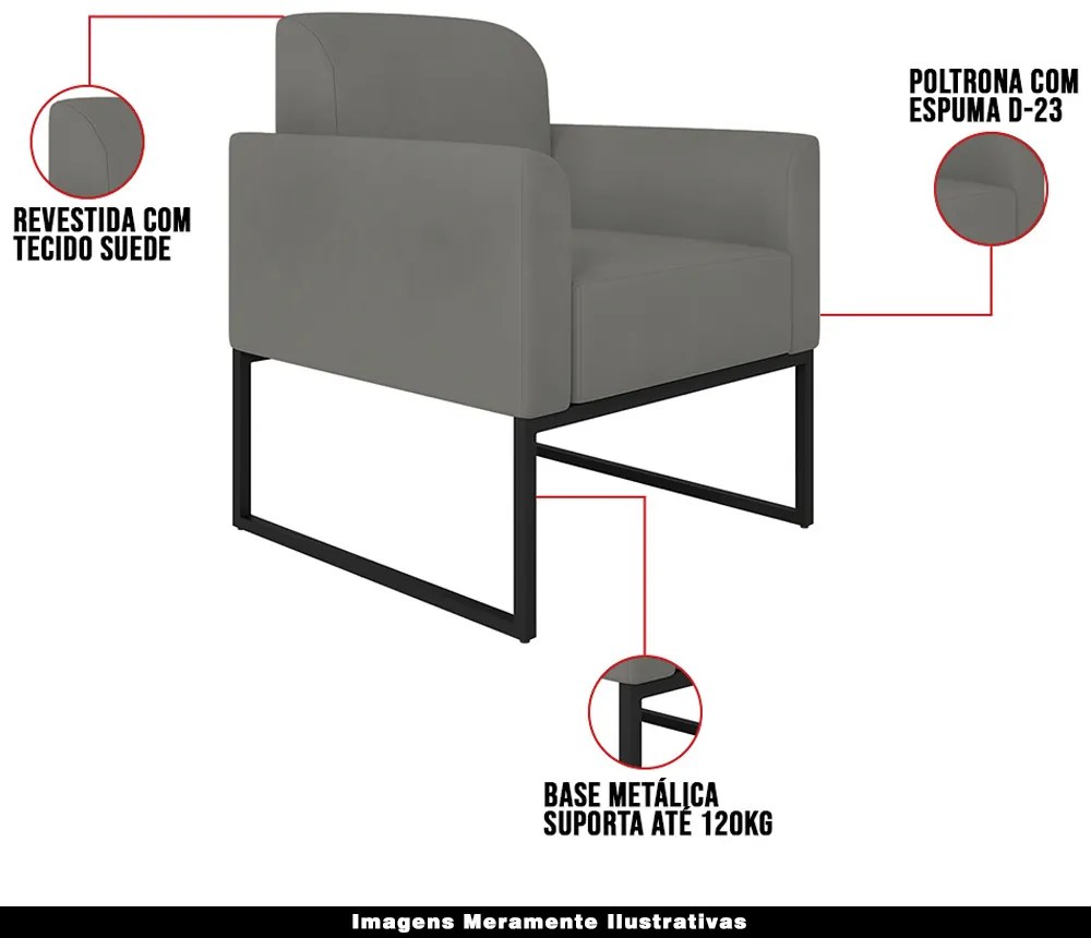 Kit 2 Poltronas Decorativas Isabella Base Industrial Suede Grafite/Preto G19