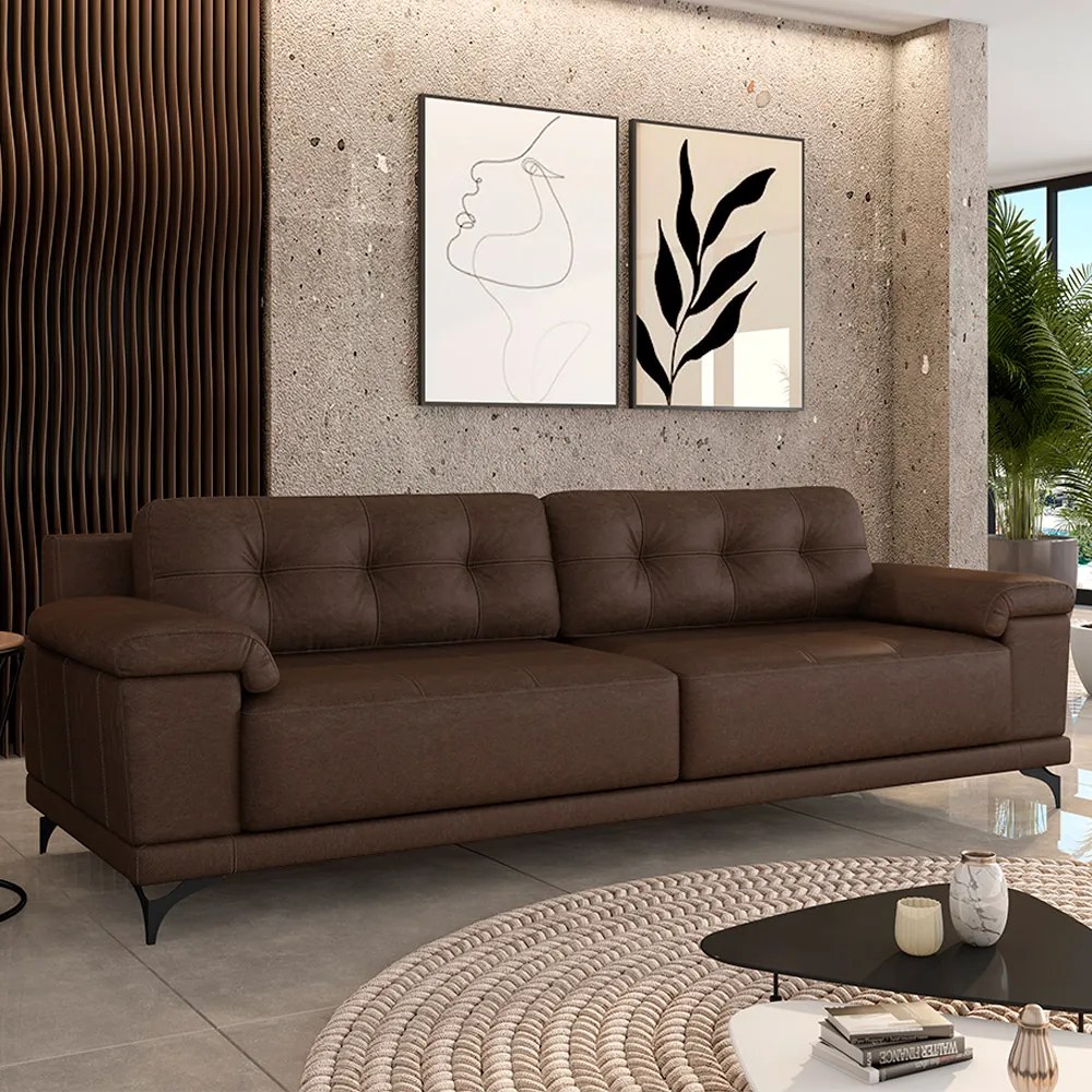 Sofá Living 4 lugares 252cm Agostino Pés Design em Ferro Couro Marrom Manchado G52 - Gran Belo