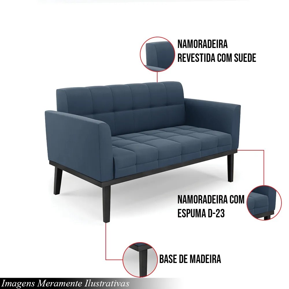 Poltrona Namoradeira Decorativa Karen Pés Fixo em Madeira Preto Suede Azul Marinho G19 - Gran Belo