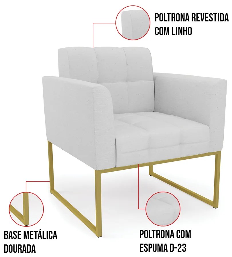 Kit 1 Sofá Namoradeira e 2 Poltronas Elisa Linho Base Metálica Industrial Dourado D03 - D'Rossi - A05 Cinza