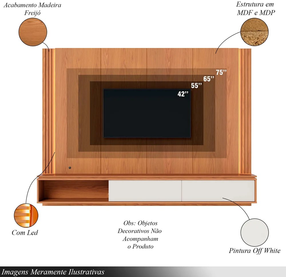 Home Suspenso Soge para TV até 75 Fita LED Portas Deslizantes MDP/MDF 217cm Freijó/Off White G73 - Gran Belo