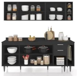 Armário de Cozinha Com Tampo CP11 200cm Pérola Preto Z34 - Mpozen