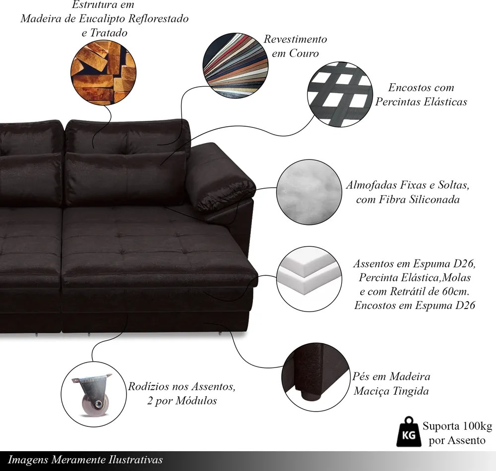 Sofá Retrátil Manual Sala de Estar Nolan Bipartido 332cm Conforto Premium em Couro Wine Vinho G58 - Gran Belo