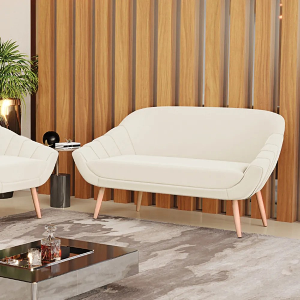 Namoradeira 02 Lugares Giovana Veludo Bege Pés Palito Natural - Indo Decorar