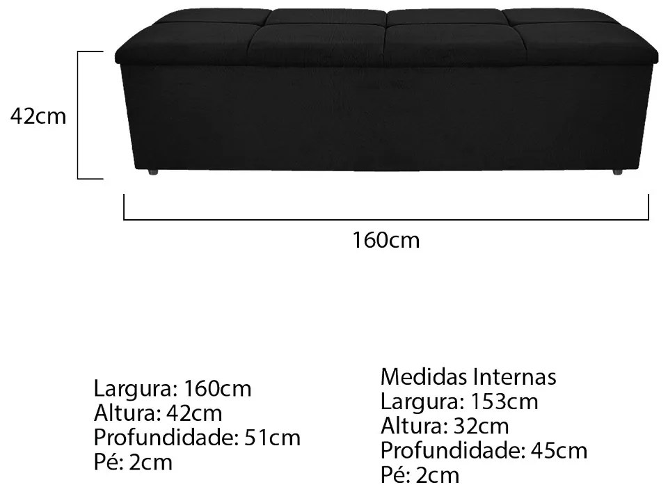 Calçadeira Munique 160 cm Queen Size Suede Preto - ADJ Decor