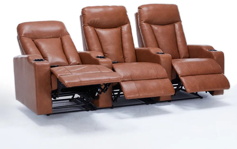 Poltrona 3 Lugares Sala de Estar e Cinema Califórnia Porta Copos Reclinável Manual PU Caramelo G94 - Gran Belo