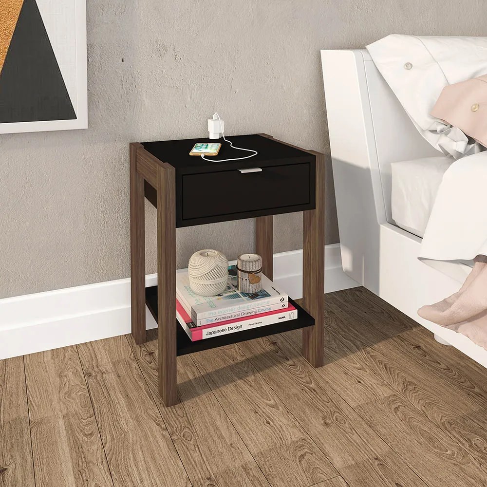 Mesa de Cabeçeira para Quarto Decorativa AZ1016 MDP Preto/Nogal G69 - Gran Belo