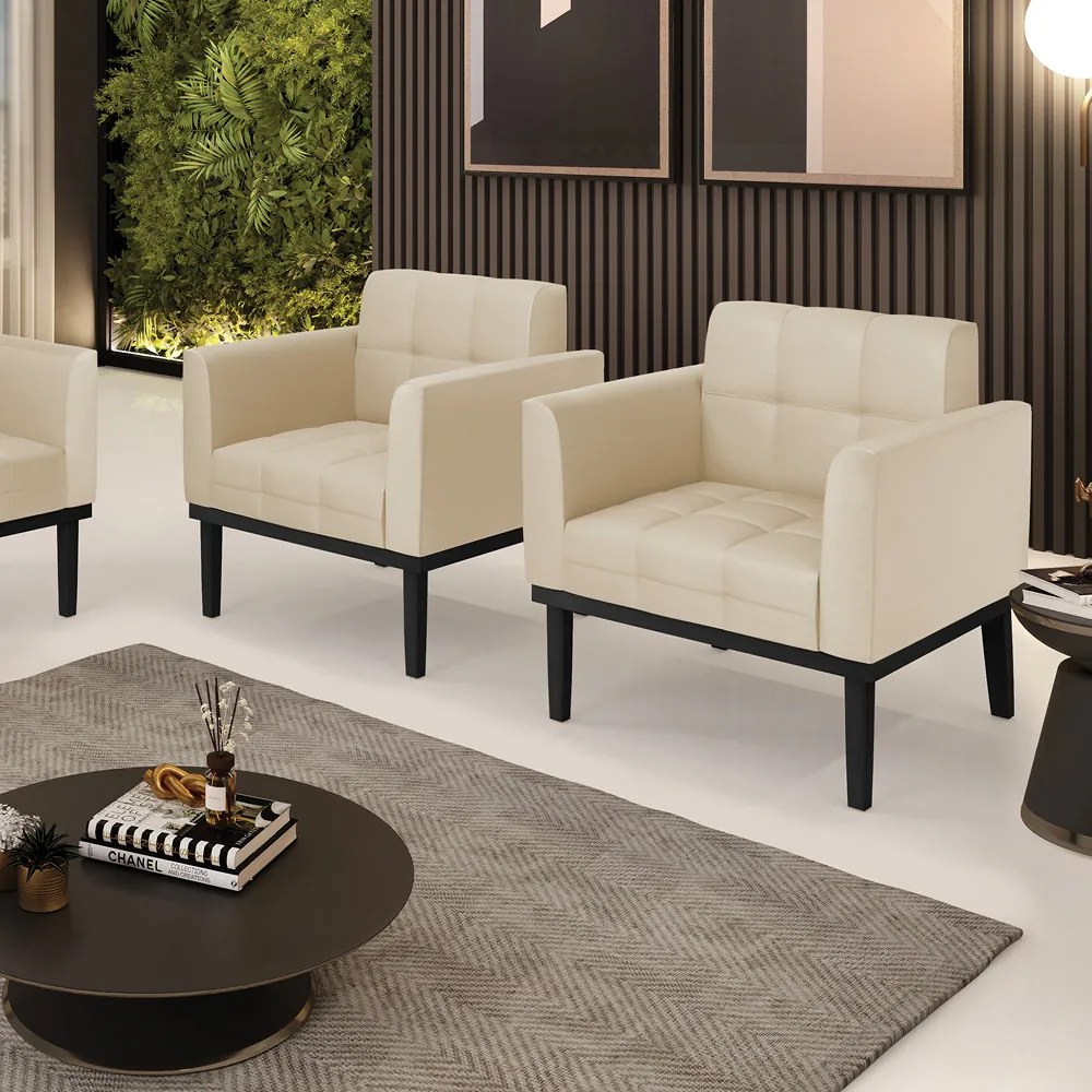 Kit 2 Poltronas Decorativas Karen Pés Fixo em Madeira Preto PU Bege G19 - Gran Belo