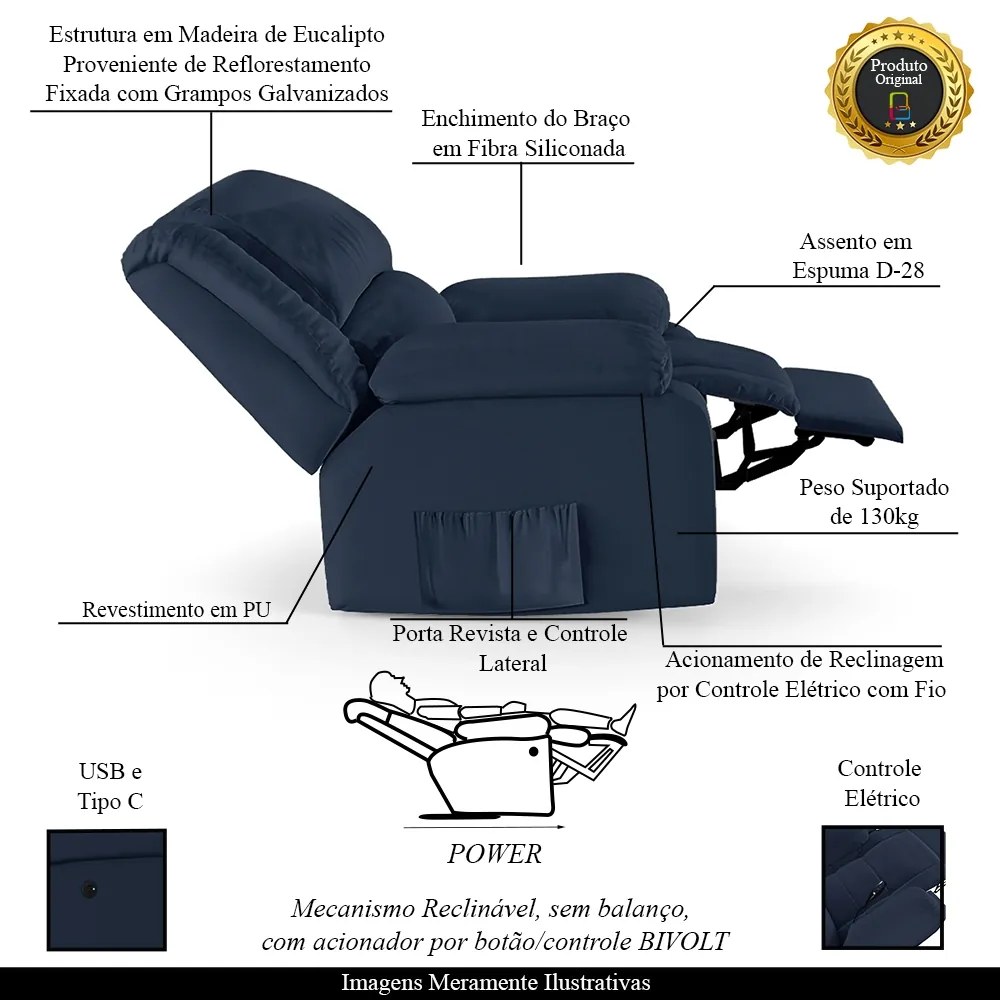 Poltrona do Papai Reclinável Sala de Cinema Madrid Controle Power Elétrico USB PU Azul  G23