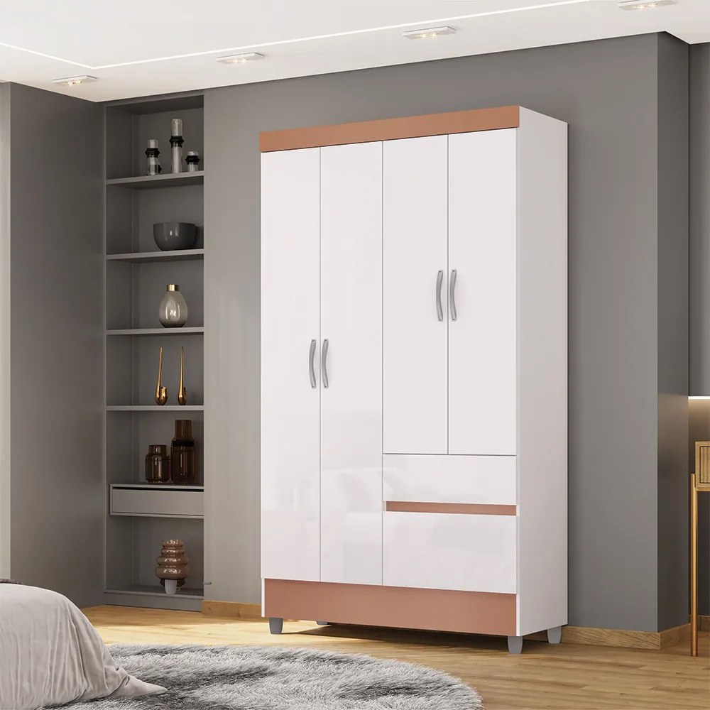 Guarda Roupa Flex Solteiro Abruzzo 4 Portas de Bater 2 Gavetas Branco/Terracota G98 - Gran Belo