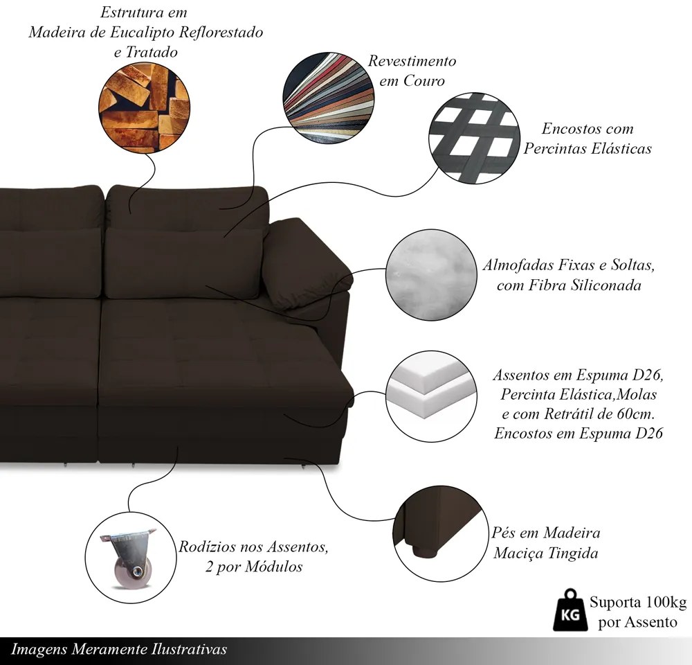 Sofá Retrátil Manual Sala de Estar Nolan Bipartido 250cm Conforto Premium em Couro Marrom G58 - Gran Belo