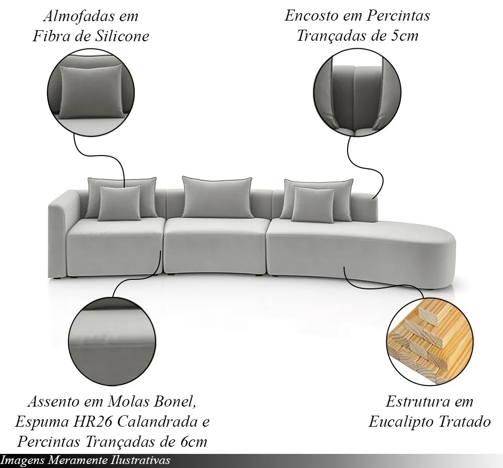 Sofá Curvo Decorativo Kimiko 437Cm 6 Lugares Sala de Estar com Chaise Veludo Cinza G52 - Gran Belo