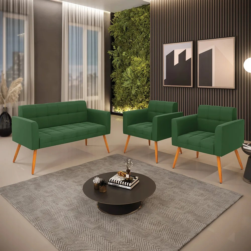 Kit 1 Sofá Namoradeira e 2 Poltronas Elisa Suede Pés Palito Castanho - D'Rossi - Verde