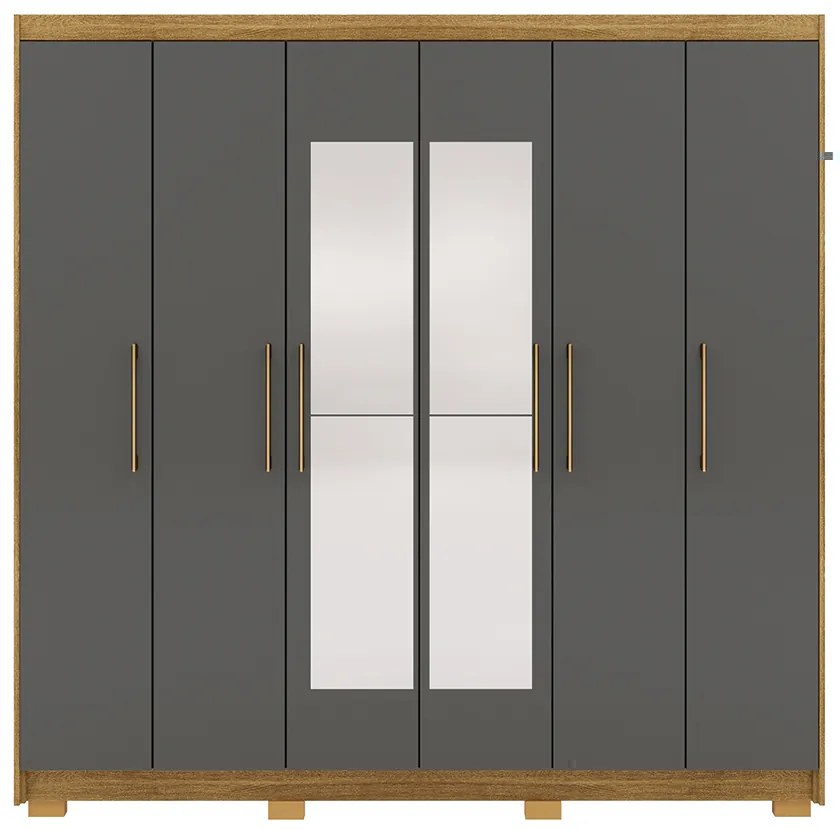 Guarda Roupa Casal Forest 6 Portas 2 com Espelhos Bater 6 Gavetas com Cabideiros MDF Nature/Chumbo G98 Gran Belo
