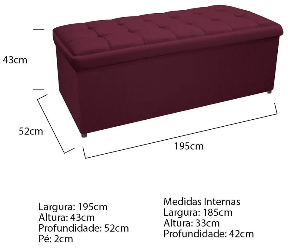 Calçadeira Copenhague 195 cm King Size Suede Bordô - ADJ Decor