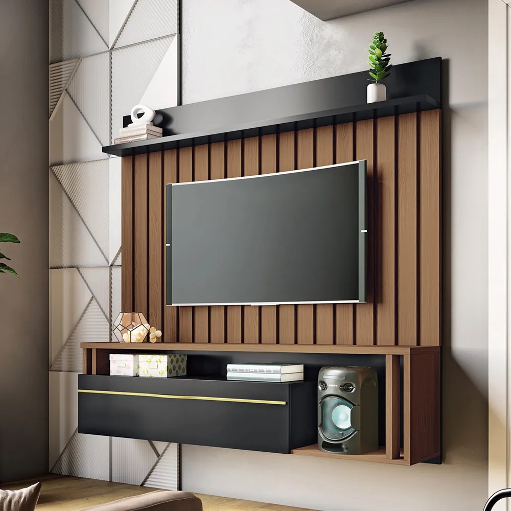 Painel Suspenso Ripado Decorativo Stesso para TV até 55 Polegadas Castanho/Preto G26 - Gran Belo