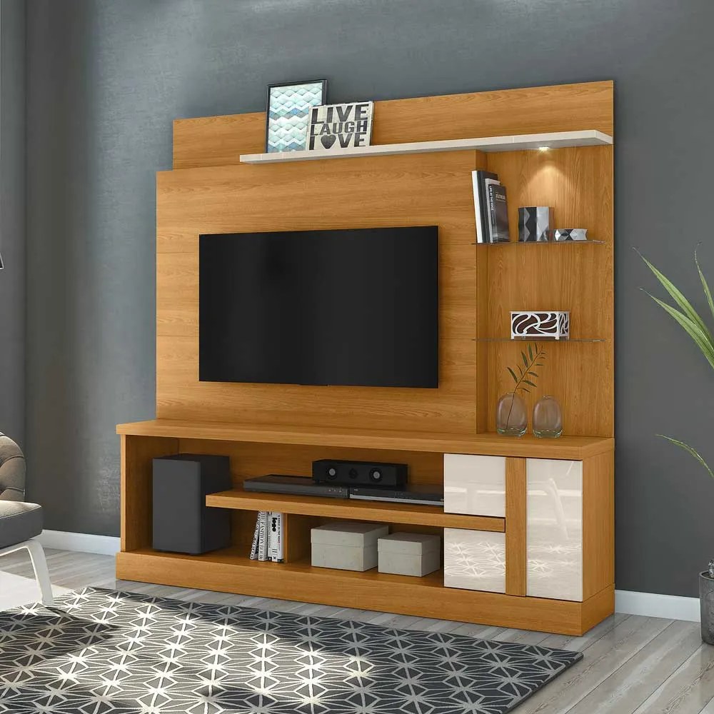 Home Theater Maxim Porta 2 Prateleiras Iluminação LED MDP até 55 Cinamomo/OffWhite G97 - Gran Belo