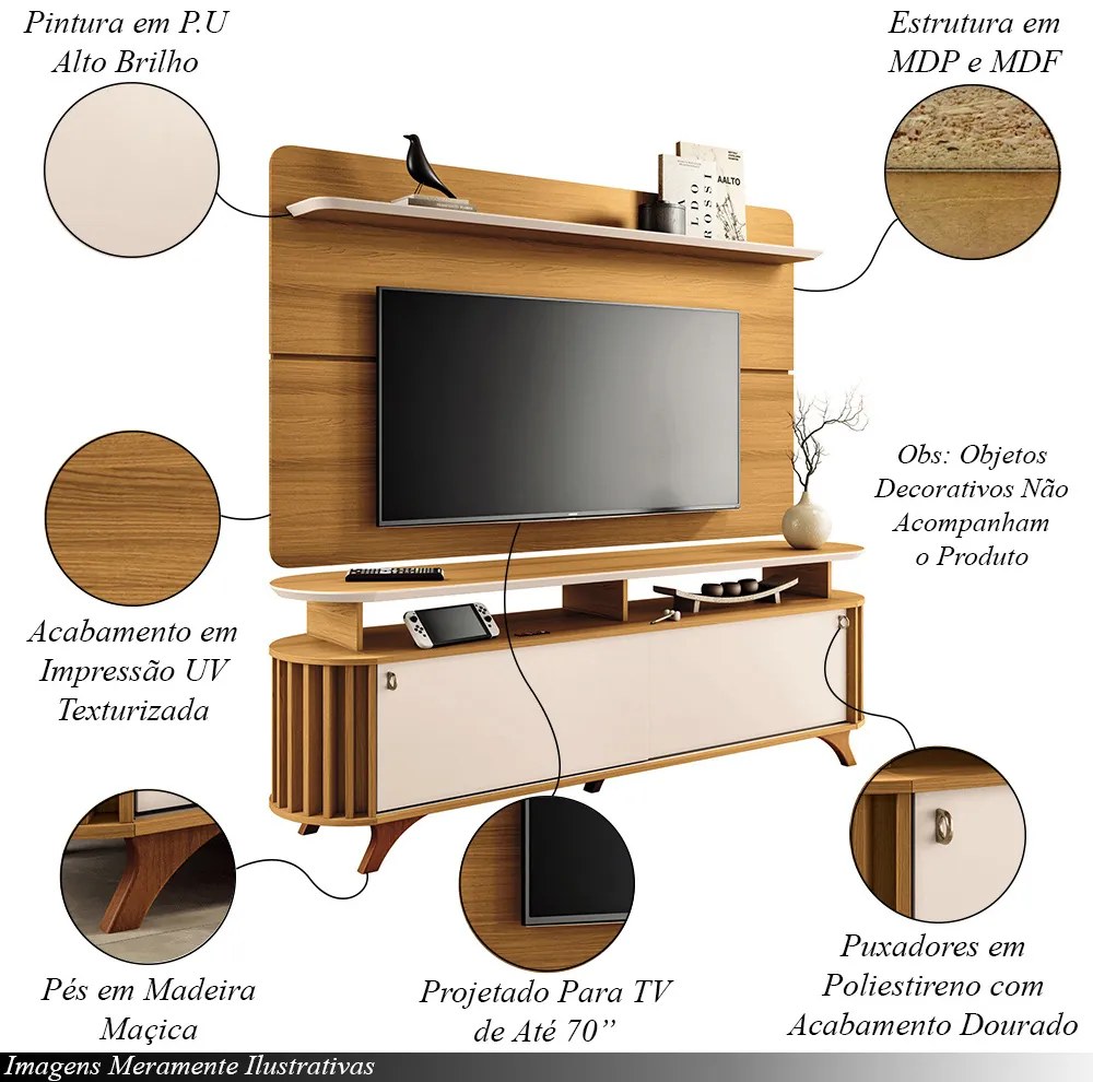Conjunto Painel para TV até 70 Polegadas Curv e Bancada Alba Cinamomo/Off White G26 - Hb Móveis