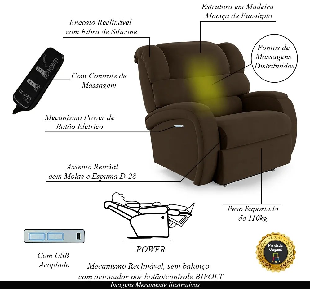 Poltrona do Papai Sala de Cinema Reclinável Kylie Elétrica Botão com Led Massagem USB Veludo Marrom G23