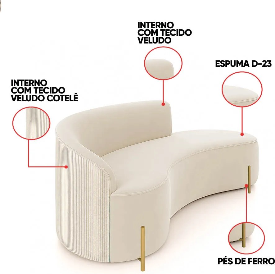 Sofá 4 Lugares Orgânico 220cm Pé Dourado Morgan Veludo/Cotelê - Bege