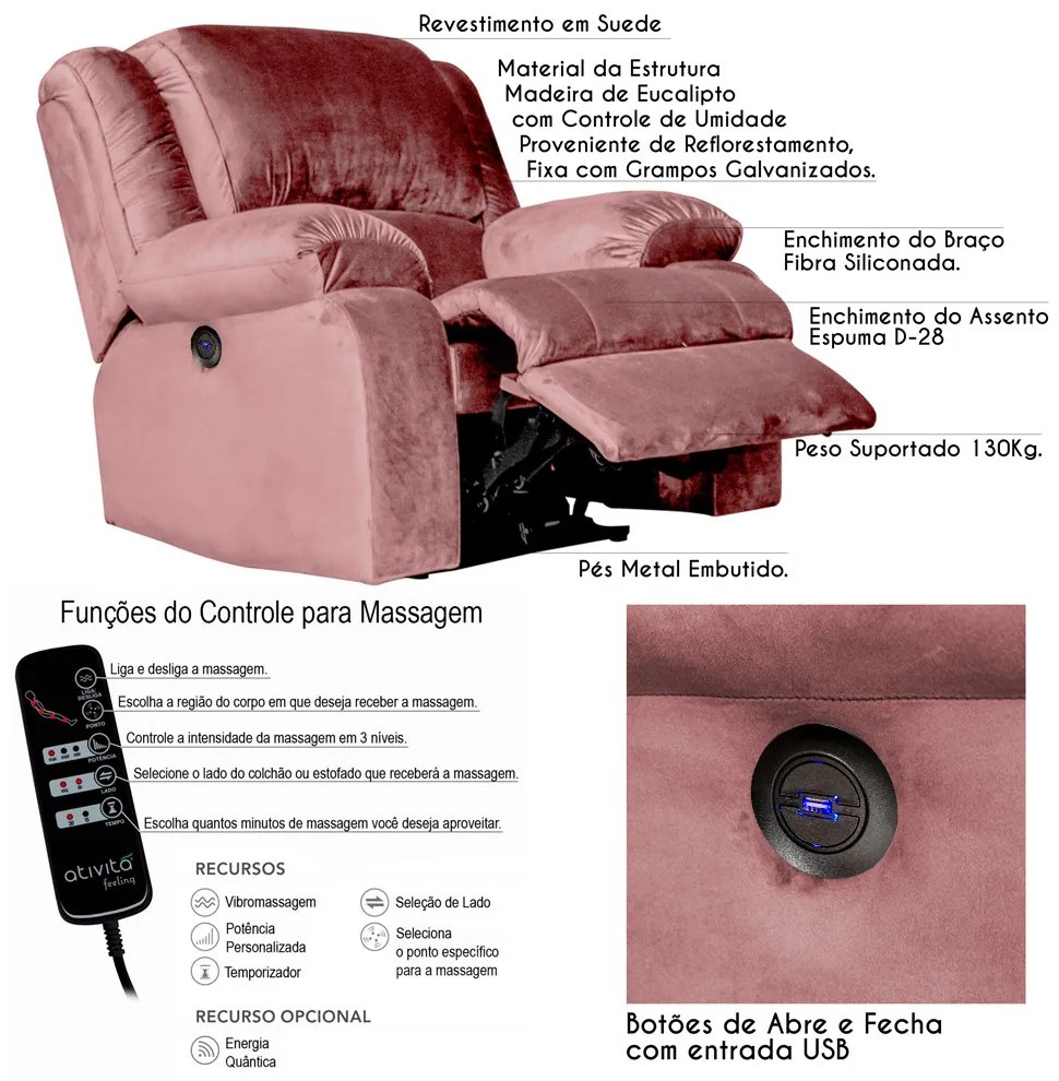 Poltrona do Papai Reclinável Elétrica com Massagem e USB Magnum Veludo Rosê G23 - Gran Belo