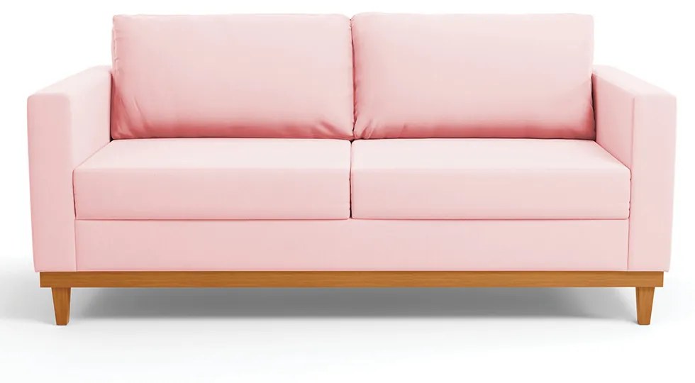 Sofá 03 Lugares Juliette Suede Base Madeira Castanho - D'Rossi - Rosa Bebê