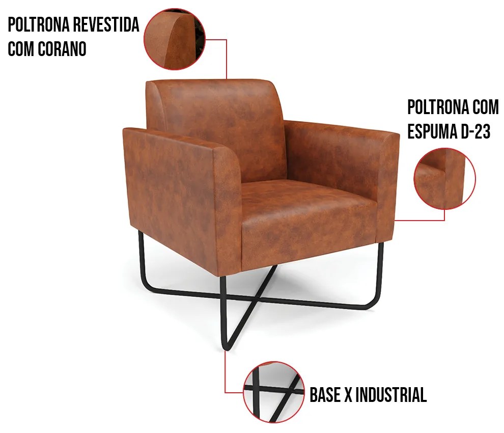 Poltrona Sala Decorativa Marisa Base Aço Industrial X Preto Sintético PU D03 - D'Rossi - Nozes