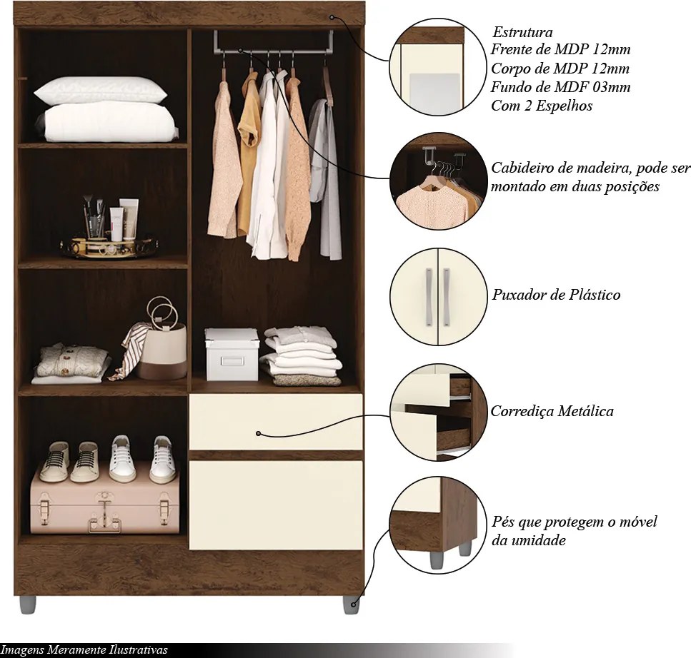 Guarda Roupa Solteiro Abruzzo 4 Portas de Bater 2 com Espelhos 2 Gavetas Nogueira/OffWhite G98 - Gran Belo