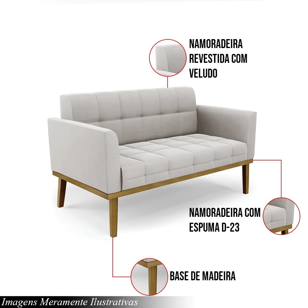 Poltrona Namoradeira Decorativa Karen Pés Fixo em Madeira Castanho Veludo Cinza G19 - Gran Belo