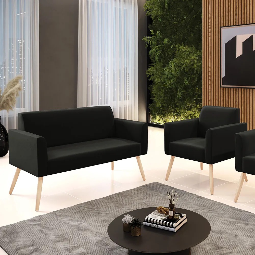 Sofá Namoradeira com Poltrona Pés Palito Natural Marisa Suede Preto D03 - D'Rossi