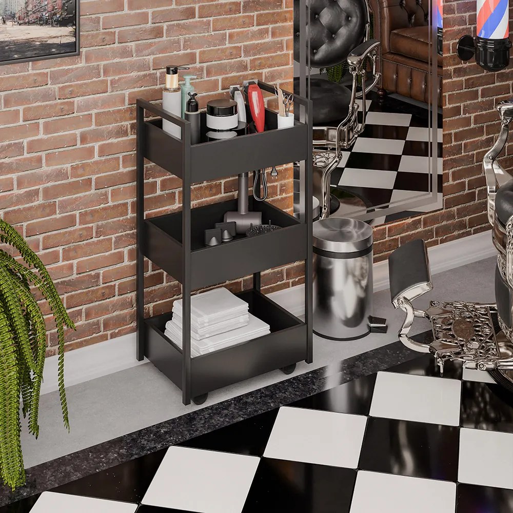 Carrinho de apoio Estética Salão Industrial 3 Prateleiras Lille Preto M12 - D'Rossi - Preto