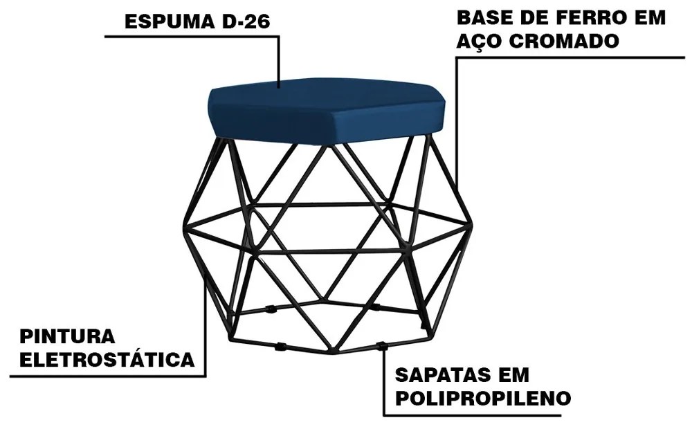 Kit 2 Puff Decorativo Base Preta Elsa Veludo Azul G41 - Gran Belo