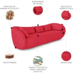 Sofá 3 Lugares 252cm Orgânico Pé Madeira Yume Veludo Vermelho Z55 - Mp