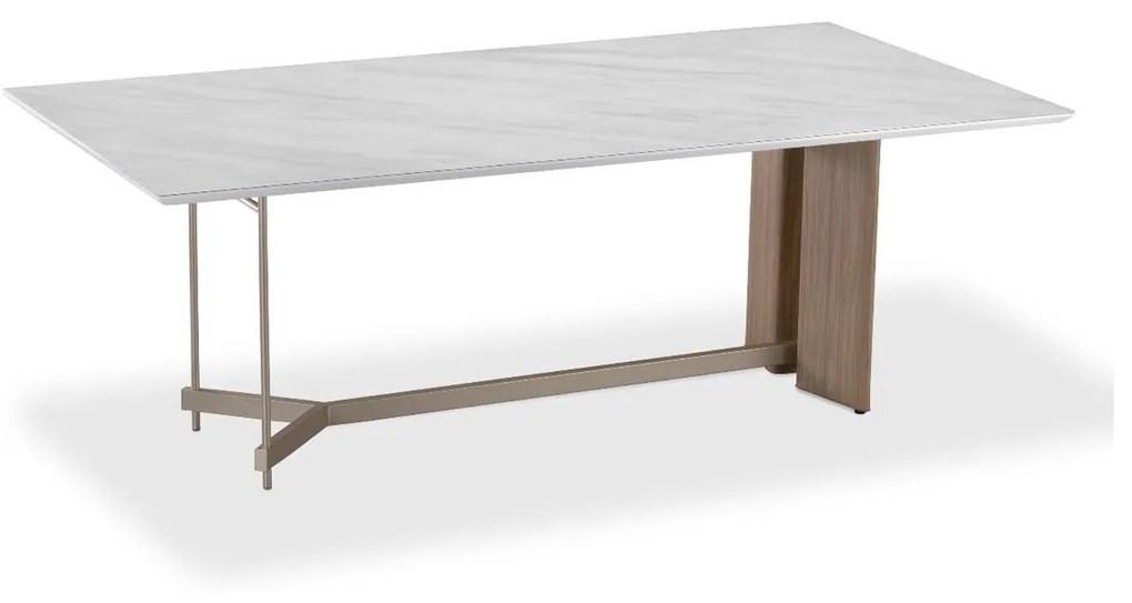 Mesa de Jantar Meyze Retangular Tampo com Vidro Pintado Pés e Travessa Aço Carbono Base Laminado Melamínico