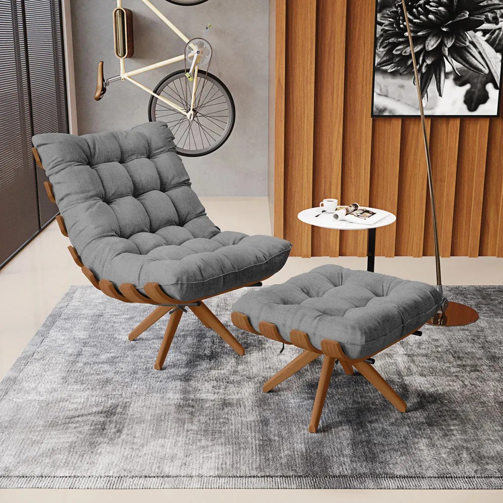 Poltrona com Puff Giratório Costela Linho Base de Madeira MA30 M11 - D'Rossi - A32 Palha