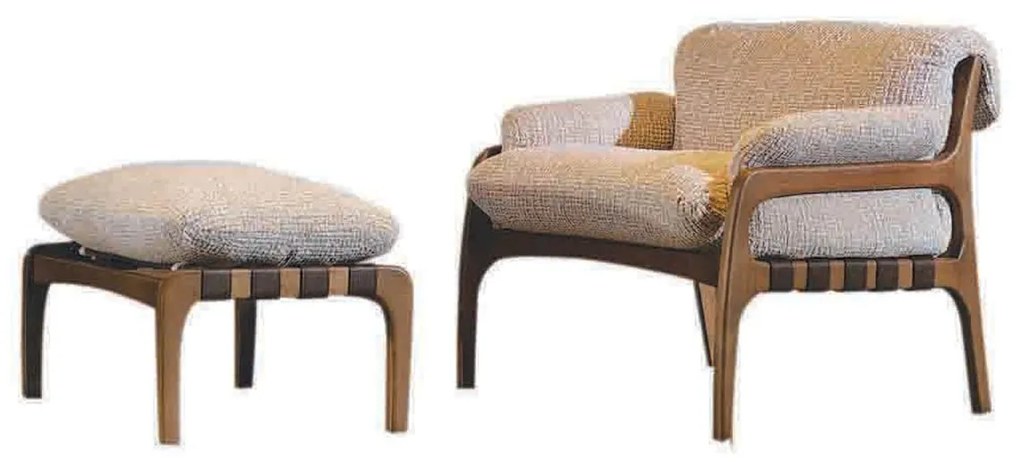Poltrona com Puff Miramor Estofada Assento com Base Recouro Detalhe Costas com Cintos de Couro Natural e Fivelas Estrutura Madeira