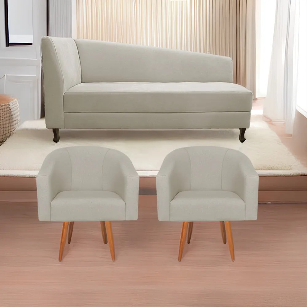 Kit Divã Recamier Heitor 185cm Lado Direito e 02 Poltronas Luiza Linho - ADJ Decor